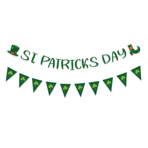 St. Patrick's Day party banner set with green cutout letters and clover pattern triangles