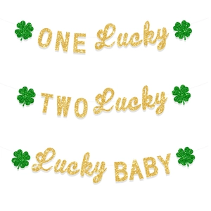 St Patricks Day Banner Gold Glitter Lucky Baby Letters Green Shamrock Clover Garland Birthday Party Decoration