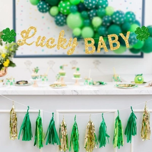 Lucky BABY St. Patrick's Day party banner and green gold foil fringe garland set