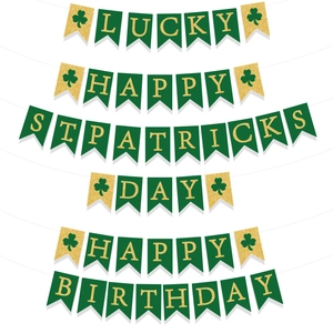 St. Patrick's Day and Birthday bunting banner set with green swallowtail flags and gold letters
