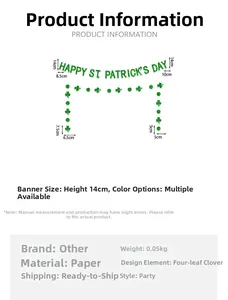 Detailed dimensions of green glitter St. Patrick's Day banner with clover elements