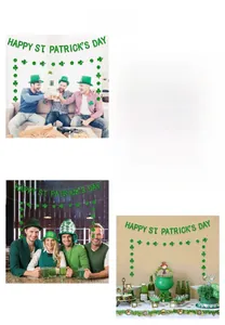 Glittering green St. Patrick's Day banner and clover decorations in various party settings