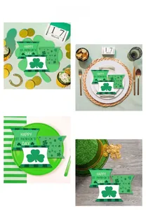 Macro lifestyle view of St. Patrick's Day kraft pillow candy boxes with clover patterns