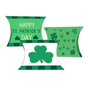 Pillow-shaped kraft gift boxes with St. Patrick's Day shamrock and stripe designs