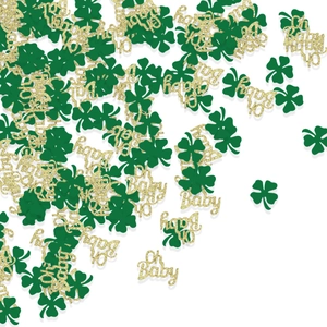St. Patrick's Day party confetti with green shamrocks and gold Oh Baby glitter shapes