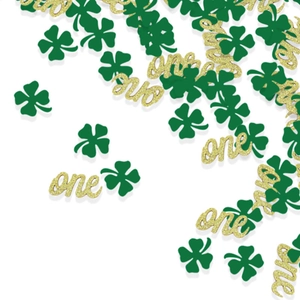 St. Patrick's Day party confetti with green shamrocks and gold glitter ONE lettering