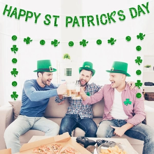 Happy St Patrick's Day Banner Green Glitter Shamrock Garland Party Decorations Paper Clover Hanging Bunting