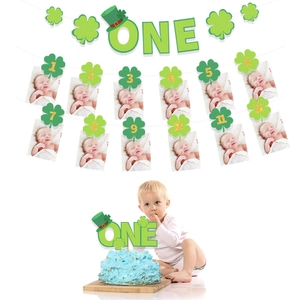 Décoration de Premier Anniversaire pour Bébé de la Saint-Patrick Bannière ONE Trèfle Vert Or Bannière Photo Mensuelle Et Décoration de Gâteau