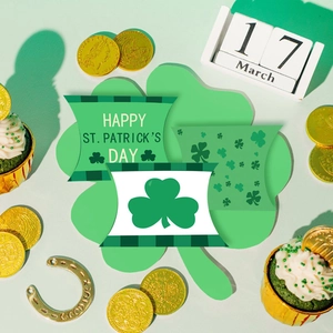 Three-style St. Patrick's Day kraft paper pillow candy boxes with clover patterns