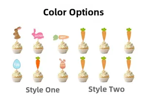 Detailed view of Easter cupcake toppers featuring rabbits, carrots and eggs on white frosting