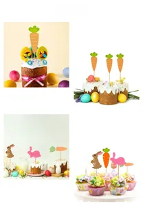 Detailed view of Easter cake toppers featuring carrots, bunnies and eggs on cupcakes
