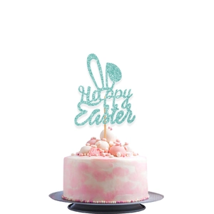 Light blue glittery Happy Easter cake topper with bunny ears for holiday dessert