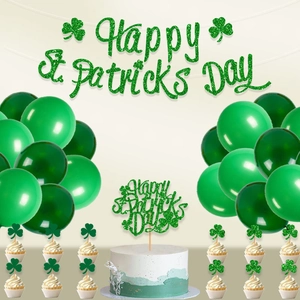 St. Patrick's Day Decor Set Green Glitter Banner Cake Toppers Latex Balloons Shamrock Party Supplies Festival Ornament