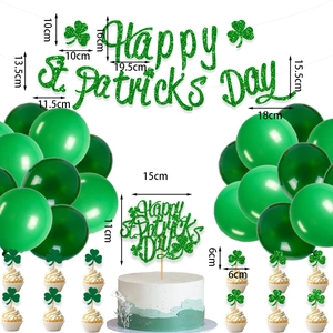 St. Patrick's Day party set with shamrock banner, green balloons and cake toppers