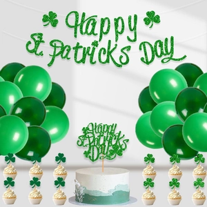 Green St. Patrick's Day party set with shamrock banner, cake toppers and balloons