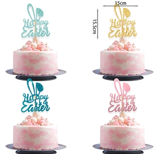 Glittery Happy Easter cake toppers with bunny ears in four colors for party decor