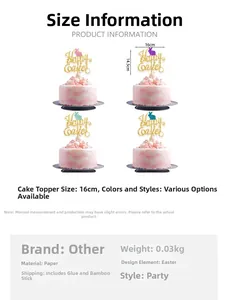 Detail of glitter Happy Easter cake toppers with cute bunnies and bamboo sticks