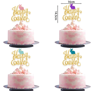 Happy Easter cake topper featuring glitter bunnies and gold lettering for party decor