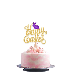 Glittery Happy Easter cake topper with purple rabbit on a pink marble cream cake