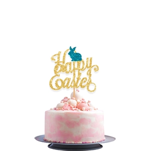 Glittery Happy Easter cake topper with blue bunny on a pink cream frosted cake