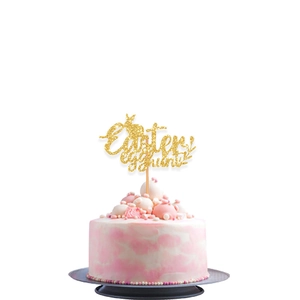 Glitter gold Easter Egg Hunt cake topper with rabbit silhouette on a marble pink cake