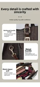 Detail view of crocodile pattern tote bag featuring reinforced handle and gold hardware