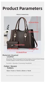 Detailed size chart for glossy crocodile pattern tote bag and matching purse set