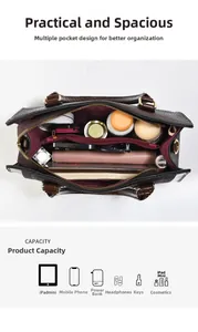 Interior view showing large capacity and multiple compartments of brown patent leather tote bag