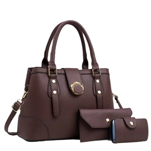 3-piece dark brown textured faux leather tote bag set with golden hardware and straps