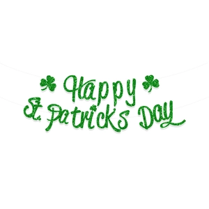 Green glitter Happy St. Patrick's Day banner with shamrock accents on white background