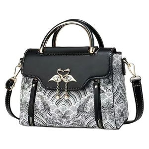 Sac à bandoulière noir élégant avec broderie ondulée et fermoir oiseau doré