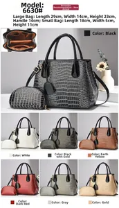 Detailed view of crocodile pattern handbag set with dimensions and multiple color options