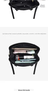 Interior layout of black tote bag showing compartments filled with daily essentials