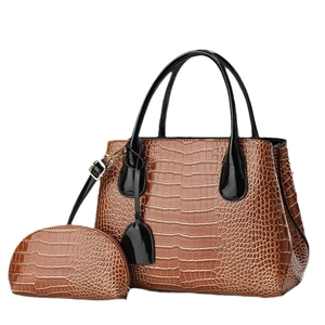 Brown crocodile texture handbag set with tote and crossbody strap for business women