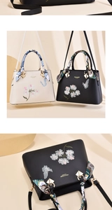 Detailed embroidery of flowers and butterflies on leather tote bag with silk scarf