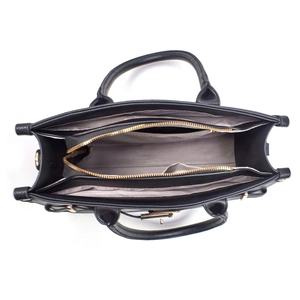 Top view showing spacious interior with three compartments and gold zipper of black tote bag