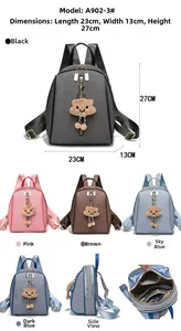 Detailed view of women's PU leather backpack showing dimensions 23x13x27cm and plush pendant