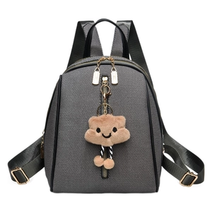 Minimalist grey PU leather backpack for women with cloud plush charm and gold hardware