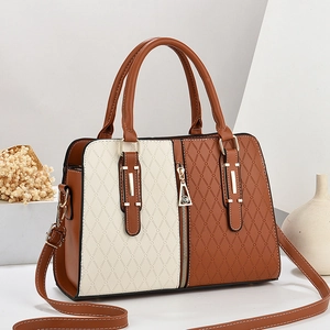 Elegant color-block tote bag with diamond lattice embossing and gold hardware detail