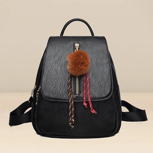 Vintage black PU leather women's backpack with golden zipper and plush kitten charm