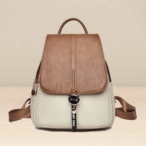 Fashion Women PU Leather Backpack Large Capacity Contrast Color School Bag With Cute Cat Smile Charm Streetwear Travel Daypack