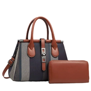 Three-tone striped tote bag with matching brown wallet and adjustable shoulder strap
