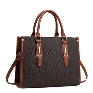 Large capacity vintage tote bag with grey woven texture and brown leather trim