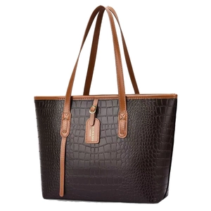Sac fourre-tout marron à motif crocodile pour femme avec anses claires et étiquette mode