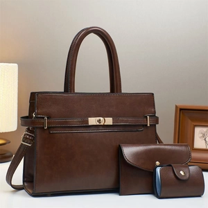 Ensemble de sacs à main 3 pièces en similicuir marron grainé avec grand fourre-tout