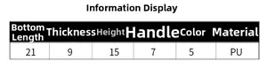 Detailed size chart for PU leather crossbody bag showing dimensions 21x15x9 cm with 7cm handle