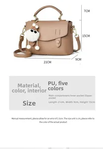Detailed technical diagram of brown pebbled PU crossbody bag with plush charm accessory