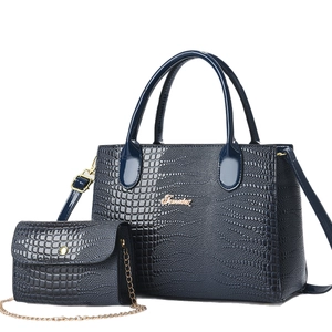 Navy blue crocodile pattern handbag set including tote bag and crossbody chain bag