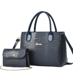 Dark blue crocodile pattern tote bag set with glossy finish and gold metal hardware