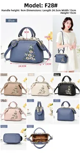 Detailed views of floral embroidery handbag showing dimensions and five color options
